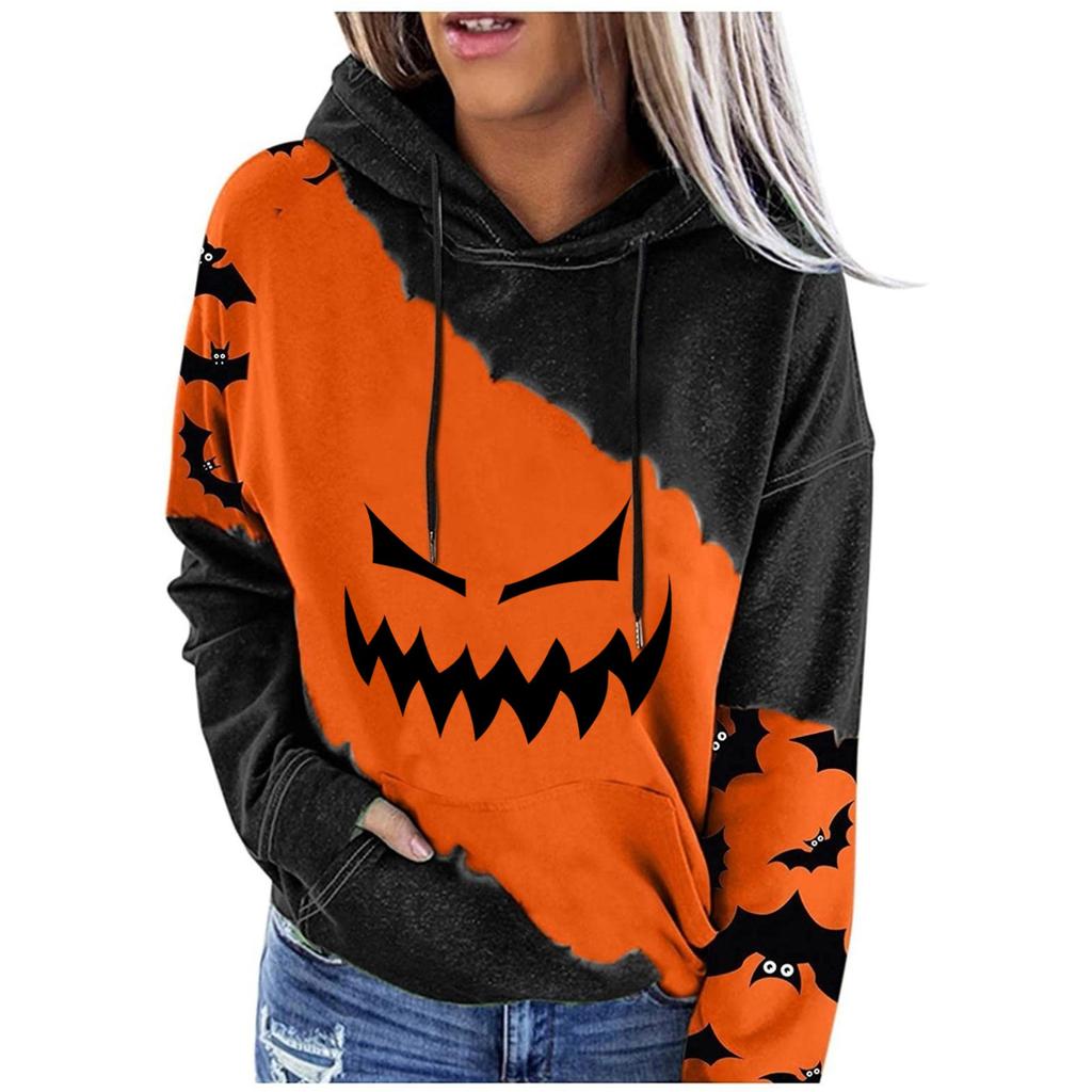 Women's Halloween Print Pullover Round Neck Drop Shoulder Long Sleeved Blouse