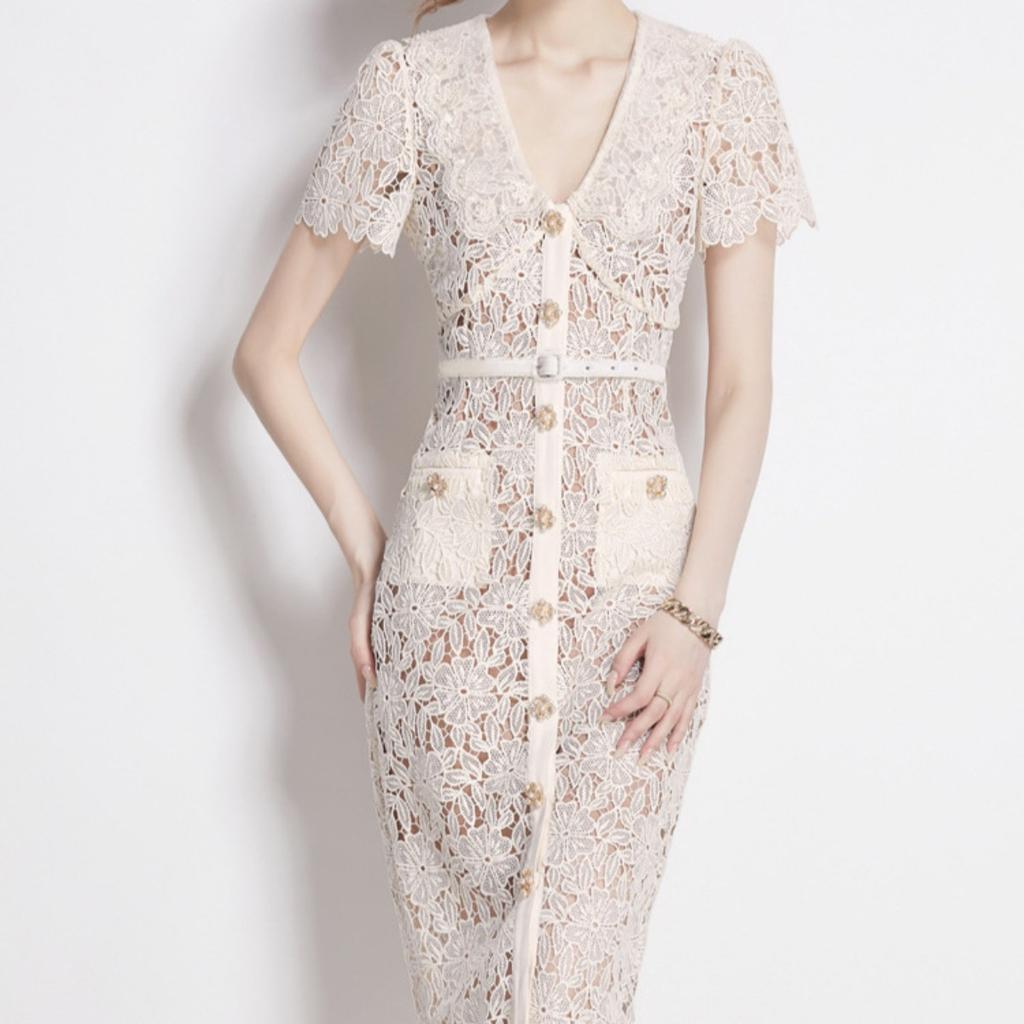 Women's Peter Pan Collar Short Sleeve Lace Sheath Dress High Waist Elegant Long Dress