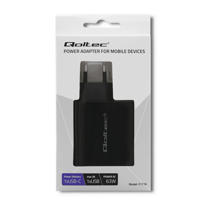 Ładowarka sieciowa Qoltec 63W | 5-20V | 1.5-3A | USB typ C PD | USB QC 3.0 | Czarna