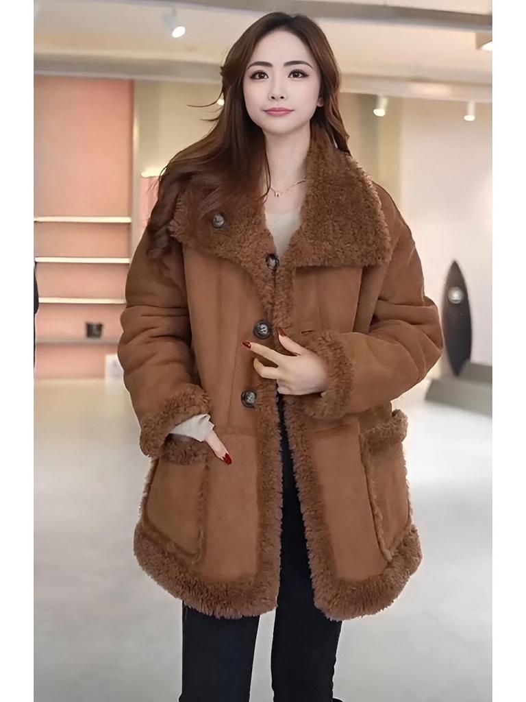 Autumn/Winter 2025 Women's Mid-Length Fleece-Lined Lambswool Reversible Fur Coat