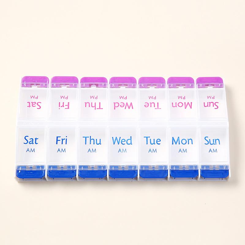 

Compact Double Row Spring Pill Box with 14 Independent Compartments 11cm x 22cm x 2.4cm