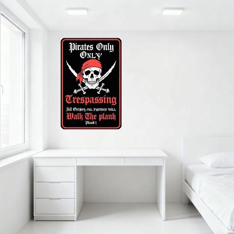 Pirates Only Trespassing Warning Metal Tin Sign Skull & Crossed Swords Gothic Style Red Border Plank Decor for Man Cave Bar Rest