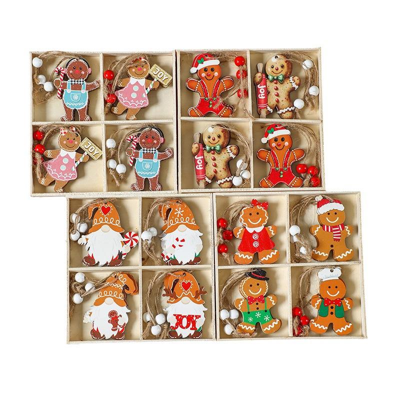 12 Colorful Gingerbread Man Pendants in Wooden Box - New Christmas Tree Ornaments