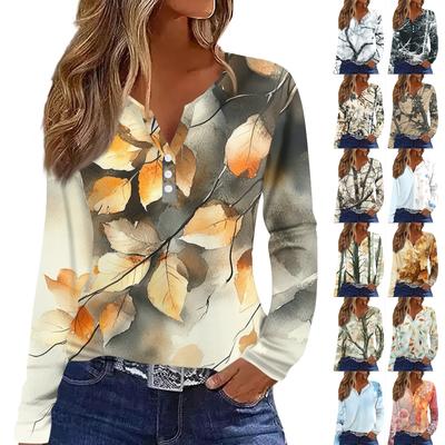 Women's T Shirt Tee Print Button Long Sleeve Daily Weekend Fashion Basic V- Neck Regular Top