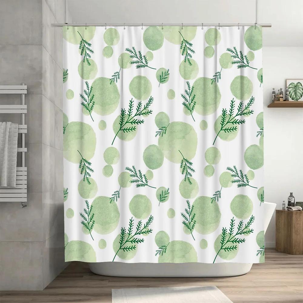 Green Plant Leaves Shower Curtain Fabric Home Decor Waterproof Bathroom Hanging Rod Hook Shower Curtain Shower Decoration