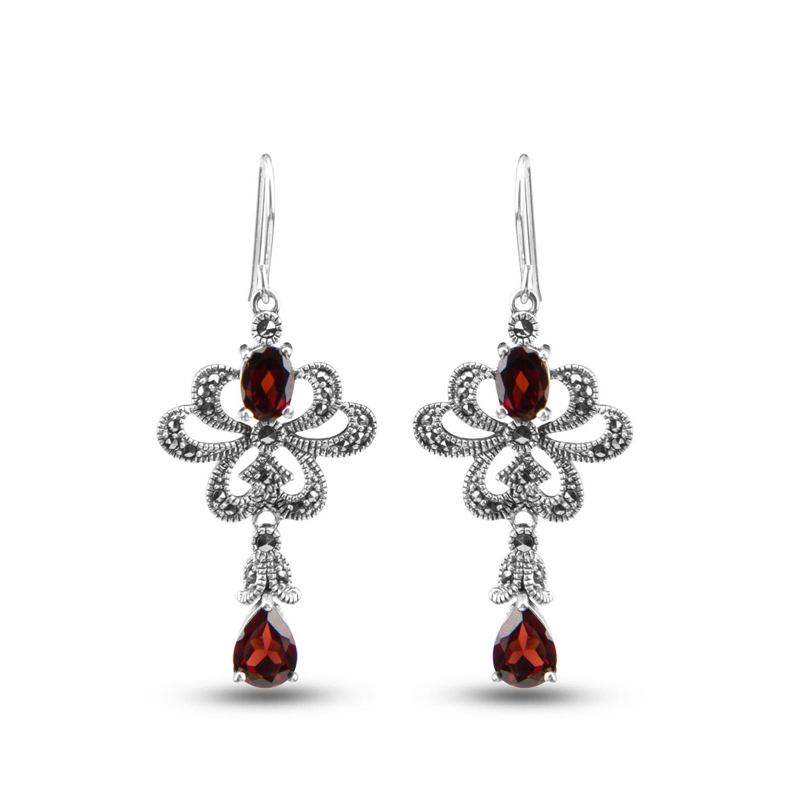 

Этнические висячие серьги с красным гранатом, стерлинговое серебро s925, универсальные украшения в европейском и американском стиле красный