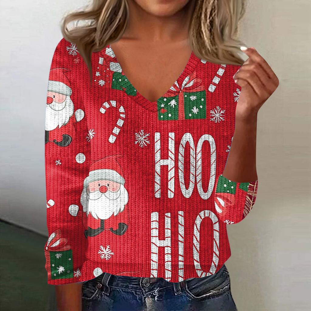 Women's Cute Sweatshirt Knitted Fashion Casual V-neck Long-sleeved Cozy Print Top