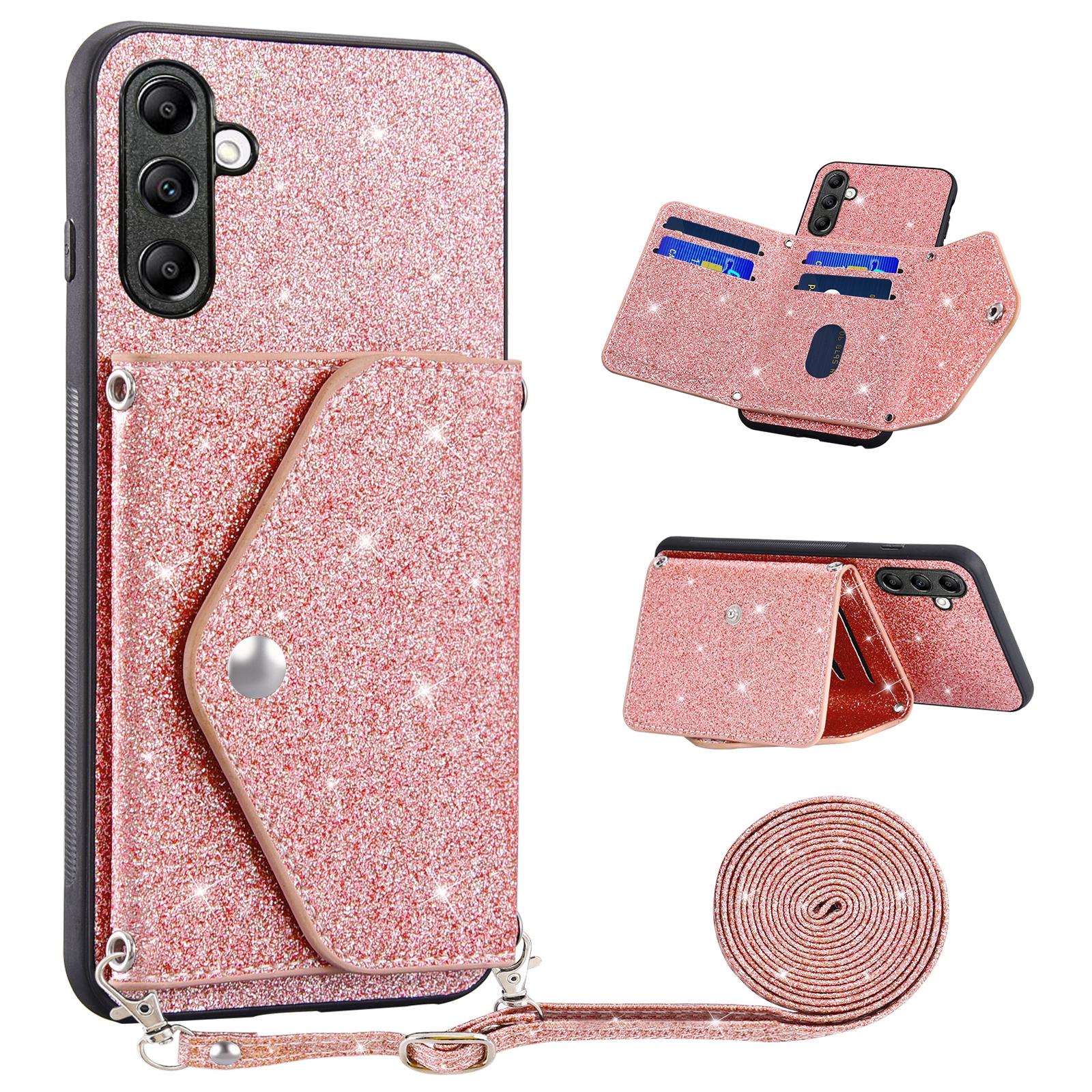

For Samsung Galaxy S26+ Case Card Holder Kickstand PU Leather + TPU Glitter Phone Cover with Shoulder Strap
