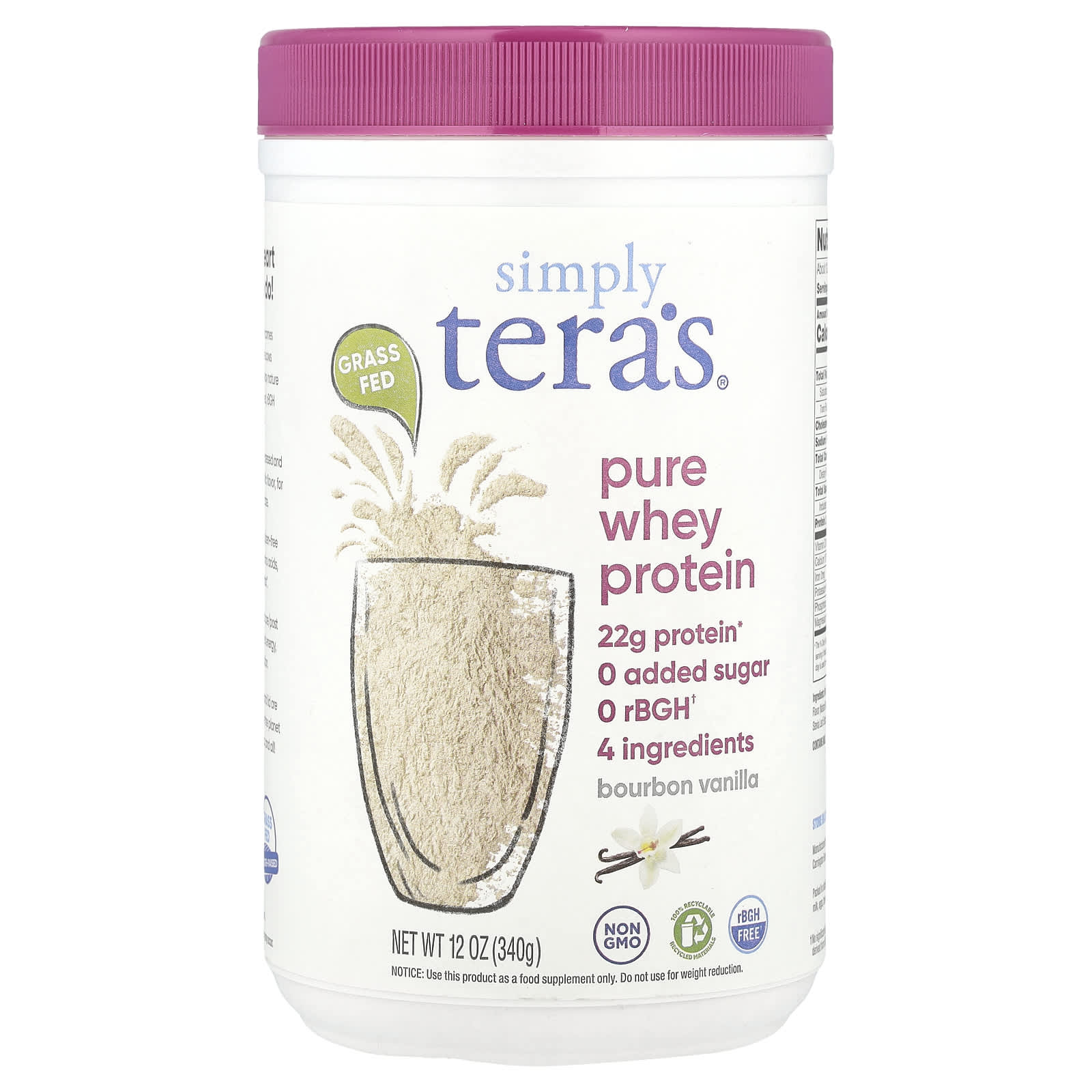 

Simply Tera S, Grass-Fed, Simply Pure Whey Protein, Bourbon Vanilla, 340G (12Oz)