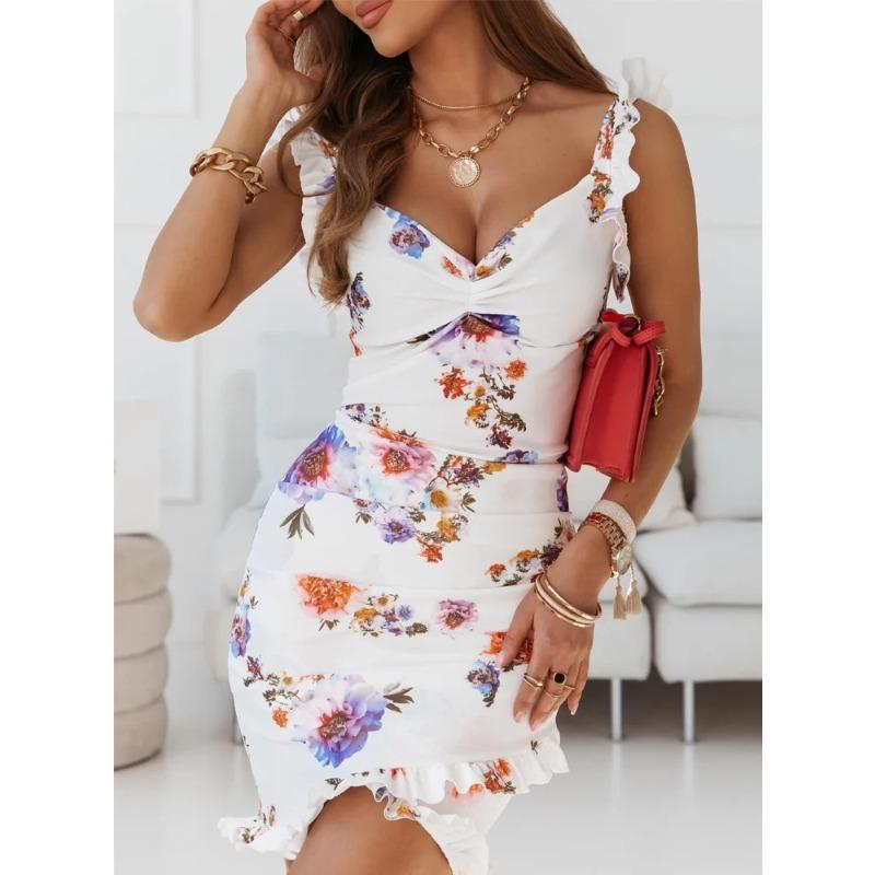 Wish summer ruffle edge sleeveless collar hip floral dress women