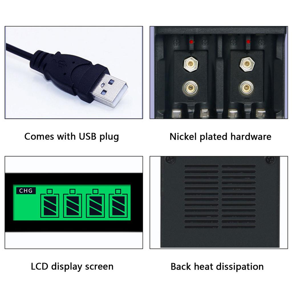 Portable USB Battery Charger Independent Charging Slots for 2A/3A 9V Equipped with LCD Display and Safety Features
