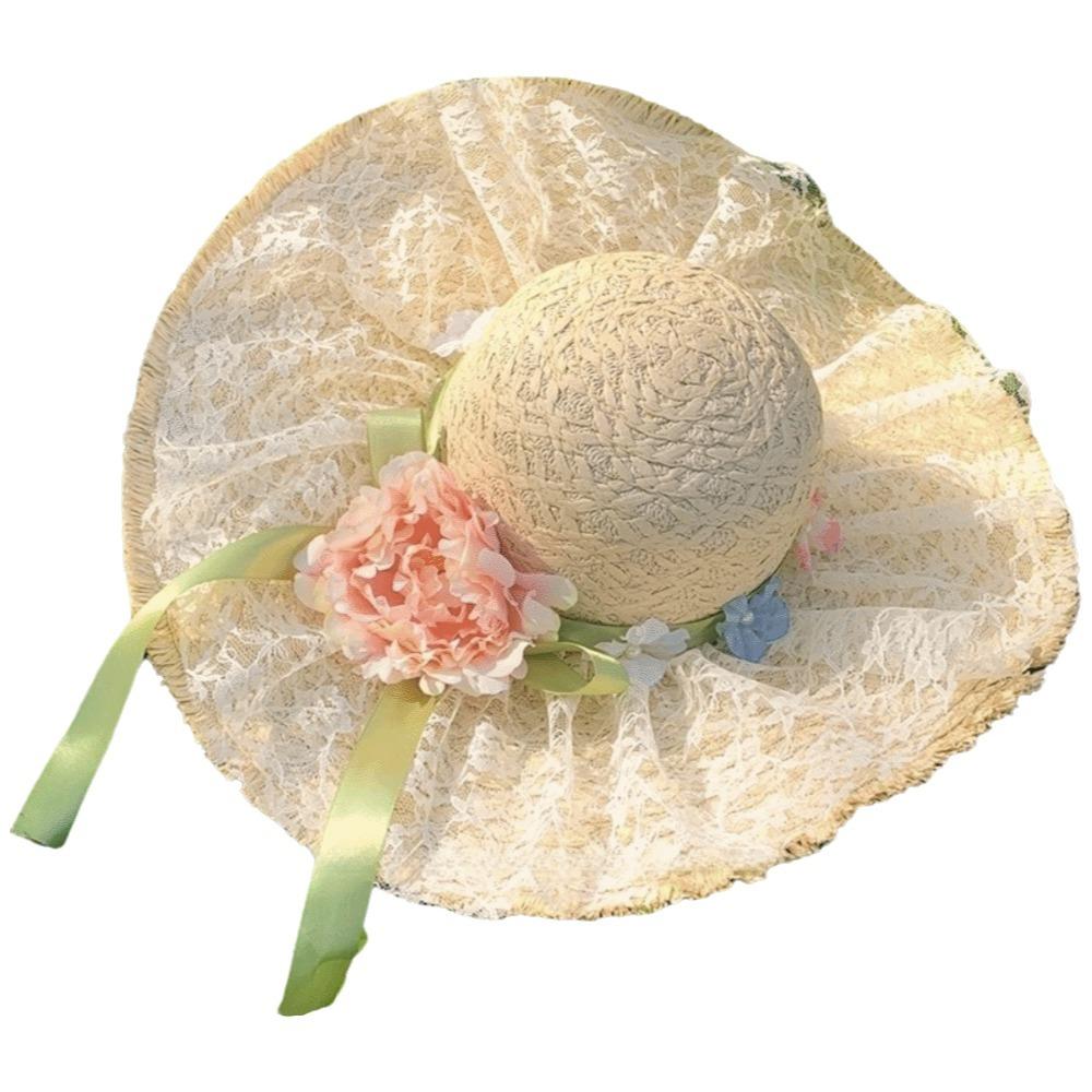 Breathable Vacation Beach Cap Flower Woven Sun Cap Solid Color Lafite Straw Hat  Carnival