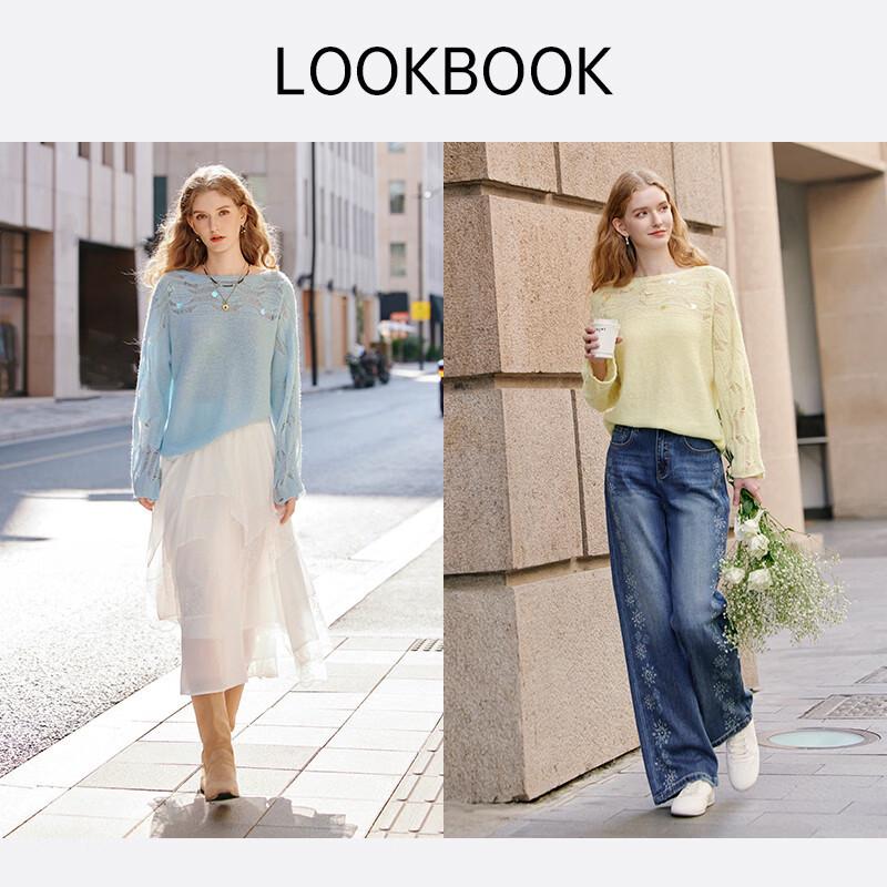 Xiangying Women's Off-Shoulder Sequin Cutout Knit Sweater