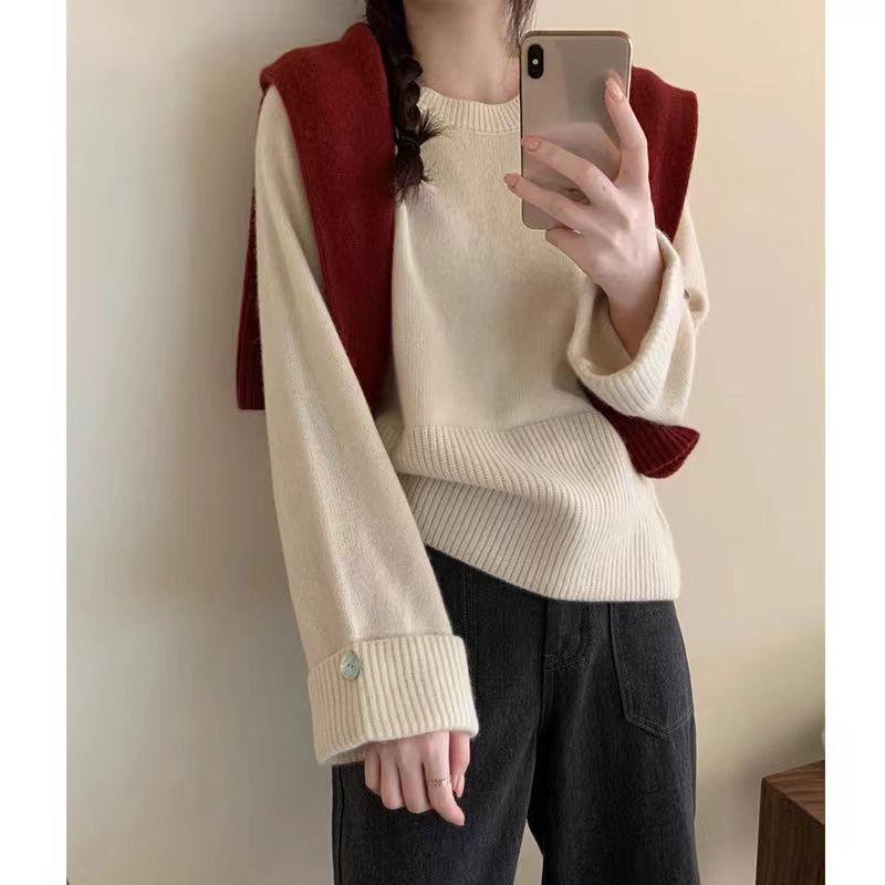 Höst och Vinter Lös Enfärgad Rundhalsad Tröja Pullover Tröja Stickad Tröja Koreansk Version Ytterkläder
