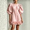 Elegant Women's 3D Floral Puff Sleeve Dress - Round Neck, Three-Quarter Sleeves, Textured Short Style