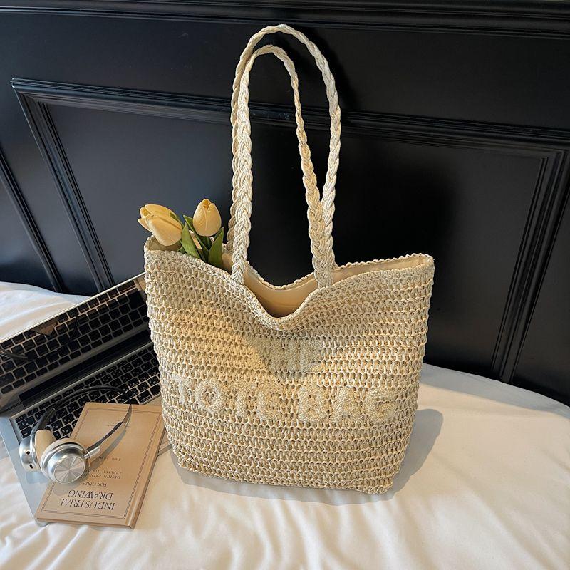 

Летняя плетеная сумка из соломы большой вместимости Женская 2025 Новая модная сумка-мессенджер на плечо в стиле кэжуал Пляжная плетеная сумка-тоут Rice White