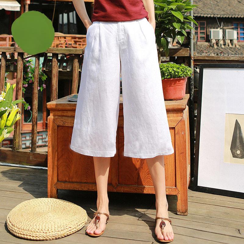 Bavlněné a lněné kalhoty s širokými nohavicemi pro ženy Letní zkrácené kalhoty s vysokým pasem Nadměrná velikost Ležérní kalhoty pro ženy Lněné volné kalhoty pro ženy