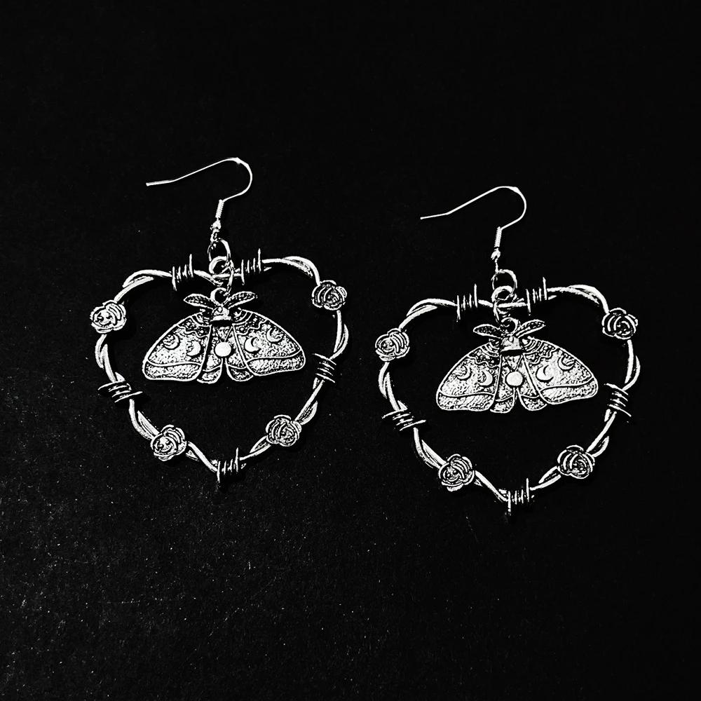 Gothic Rose Barbed Wire Heart Earrings for Women Fashion Punk Jewelry Accessories Gift Vintage Black Heart Drop Ear Hook Earring