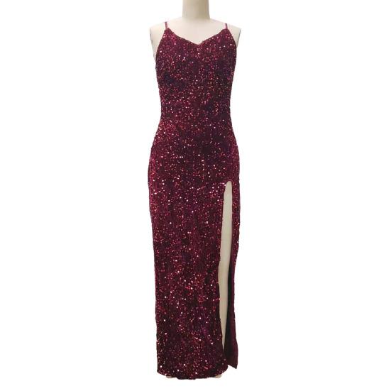 Women Evening Dress Shiny Sequin Deep V Neck Backless Sleeveless Adjustable Spaghetti Strap High Split