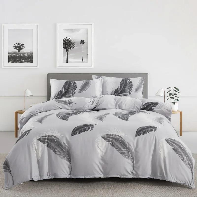 Light Grey Floral Duvet Cover Queen King, Microfiber Flower Plum Blossom Print Bedding Set Reversible Botanical Comforter Cover