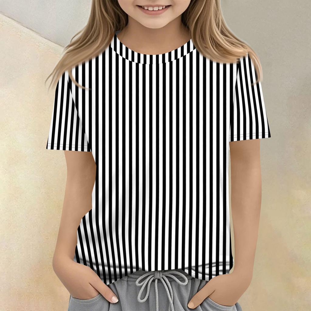 Barnrandigt Tryck Rund Hals Kort Ärm Casual T-shirt Lättviktigt Bekvämt Mjukt Tyg Lämpligt för Dagligt Bruk och Utomhusaktiviteter