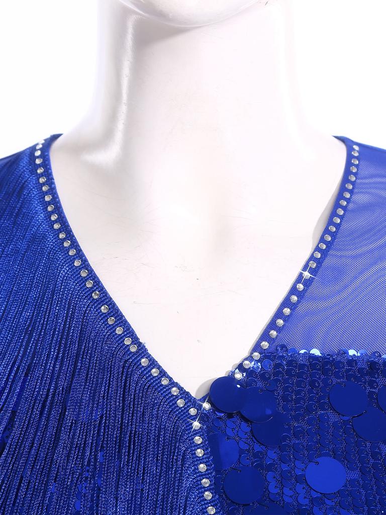 Ladies Glittery Sequin Dance Dress V Neck Half Sleeve Tiered Tassel Design Rhinestone Details Latin Cha Cha Tango Salsa Costume