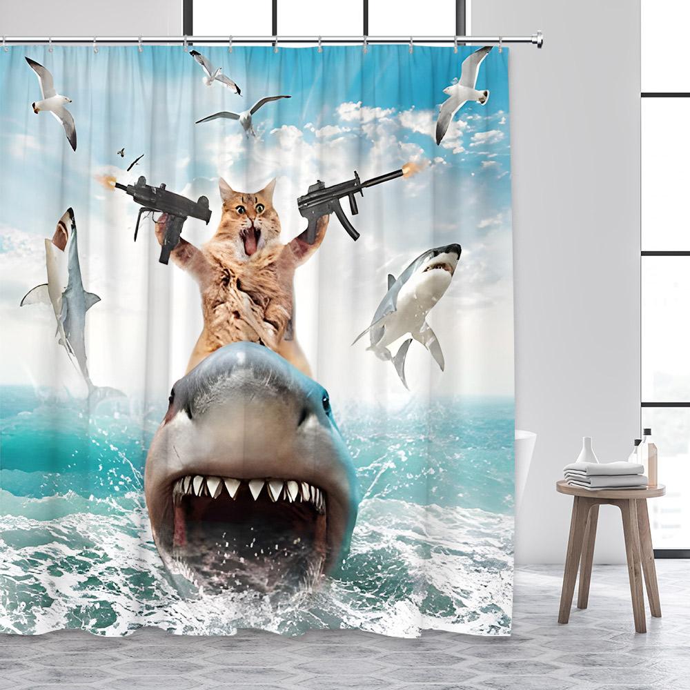 Funny Animals Shower Curtain Cute Diving Dog Cat Riding Shark Brown Bear Ocean Landscape Children Bathroom Curtains Fabric Decor