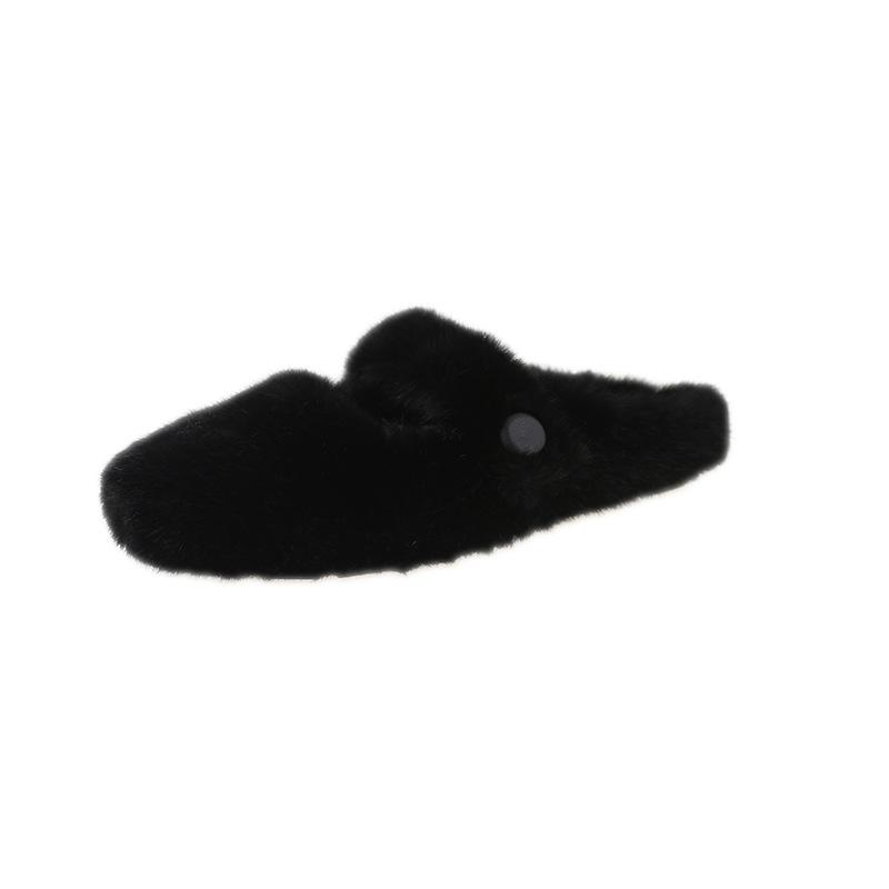 French Flat-bottomed Bag Head Fluffy Slippers Women's Outer Wear 2025 New Autumn One-pedal Plush and Fleece Cotton Mop Cotton Shoes