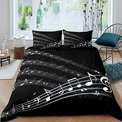 Juego de cama de notas musicales Patrón de pentagrama Funda nórdica para adulto con temática musical Blanco y negro Funda de edredón de 3 piezas con 2 fundas de almohada