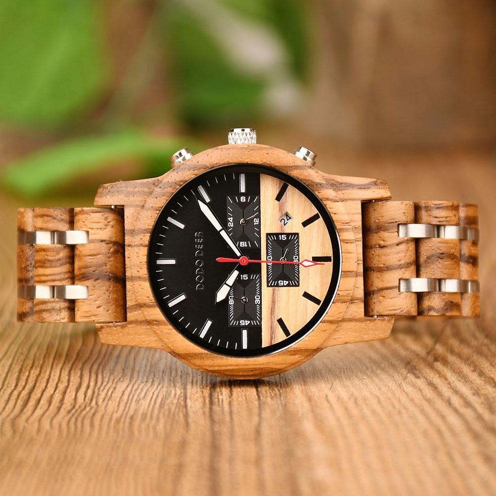 Wood Watch Multifunctional Luminous Calendar Chronograph 3-sub Dials Wooden Quartz Wristwatch Gift
