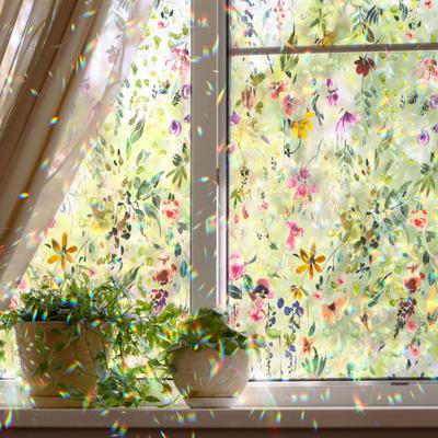 Rainbow Window Film Stain Glass Style Floral Static Clings Non-Adhesive Reusable Window Decals for Living Room Bedroom Kitchen Bathroom