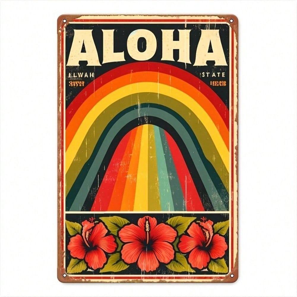 Vintage Metal Poster Hawaii Rainbow Wall Art Retro Sign for Bar
