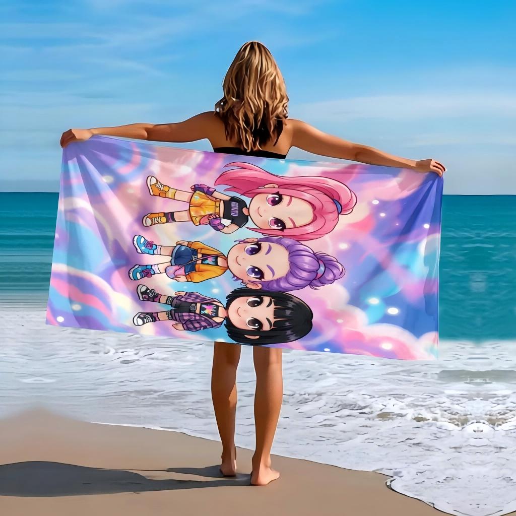Kawaii Chibi Anime K-pop Girl Beach Towel Purple Galaxy Printed Microfiber Poncho Soft Absorbent Towel for Kids Adults Beach