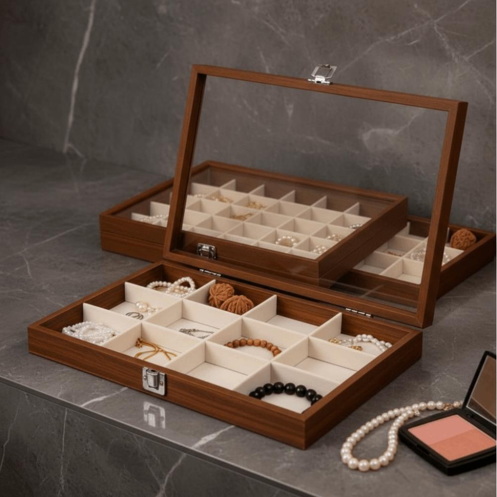 Retro Jewelry Display Tray Decorative Soft Lining Watch Display Tray with Compartments Visible Jewelry Box Necklace Storage