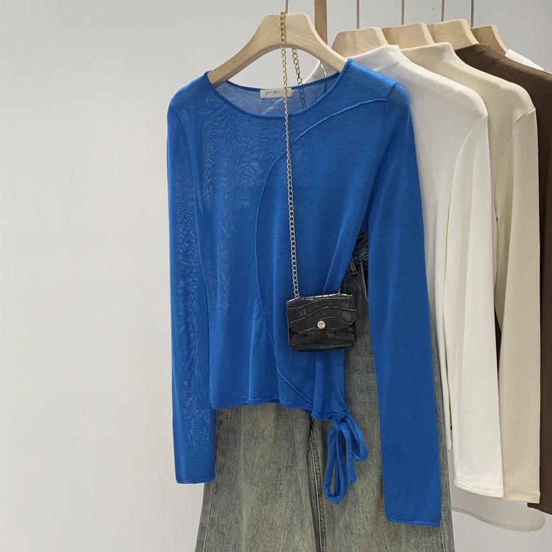 Lyocell Tencel Blue Tie-Up Long-Sleeve Knit Top with Unique Style Medium синий