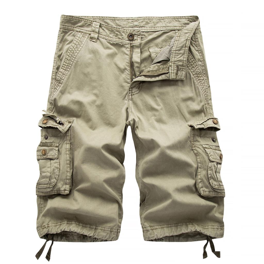 Men's Fashion Solid Color Multi-Pocket Pants Cotton Cargo Overalls Shorts