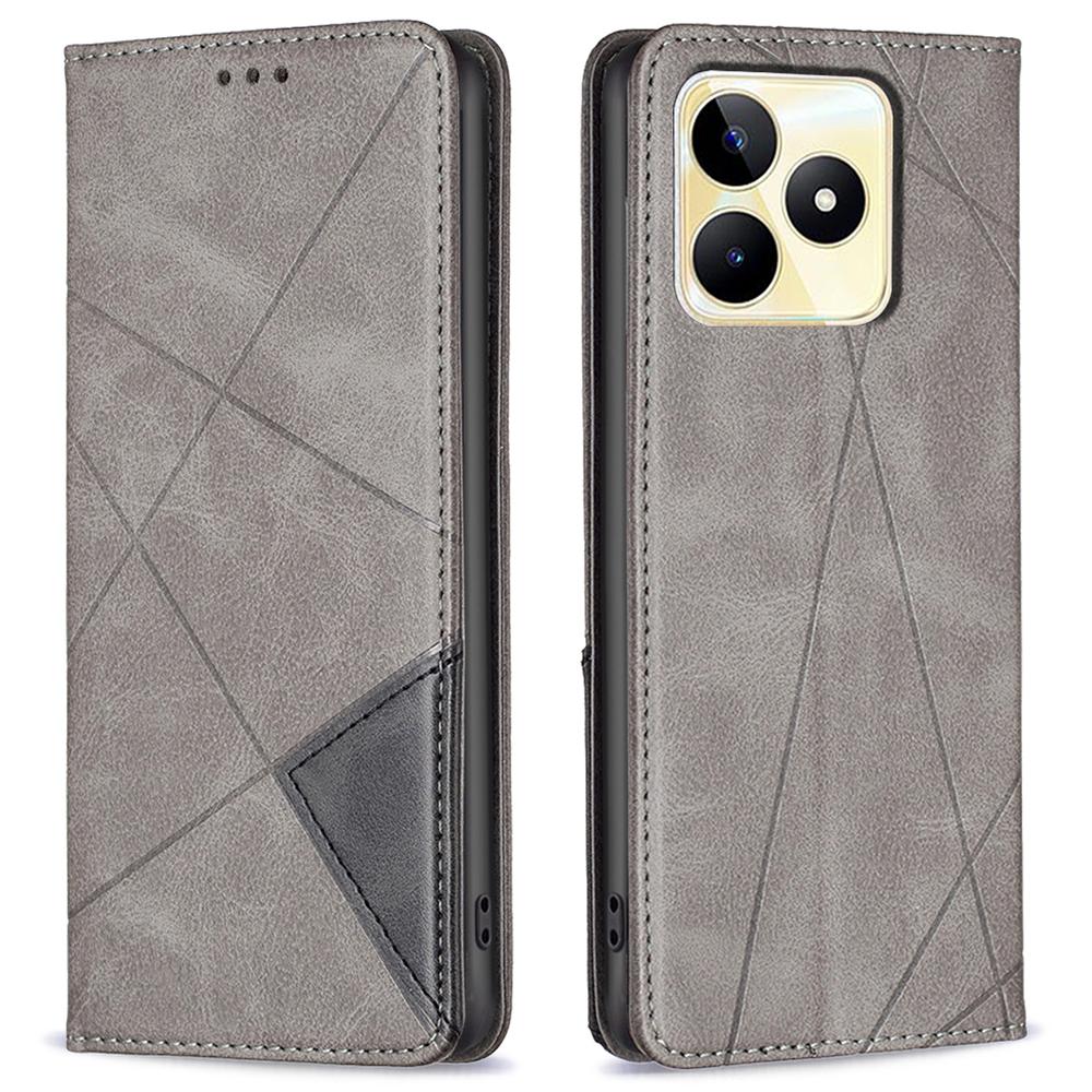 

Card Holder Shell for Realme C53 (Global)/C53 (India)/C51 Imprinted Line Cell Phone Case Stand Leather Phone Cover Grey