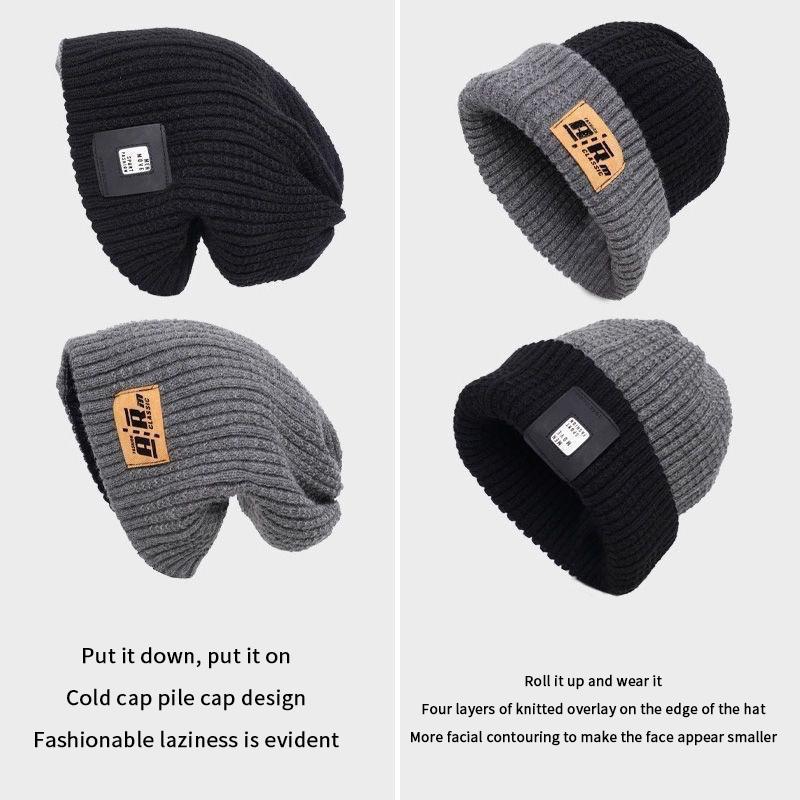 Winter Warm Ear Protection Hat For Women Baggy Slouchy Beanie  Color Block Woolen Pullover Cap Girl Pile Knit Hat