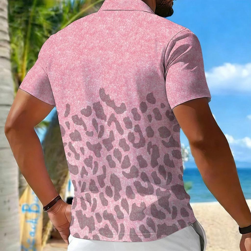 Women Short Sleeve Polo Shirt Pink Gradient Gray Leopard Spot Half Zip Lapel Top
