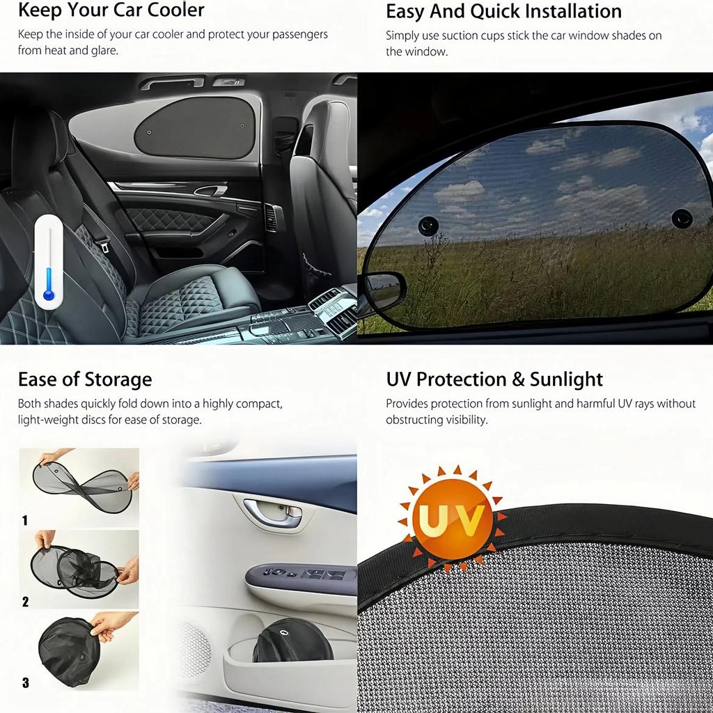 GISAEV Car Sun Shade UV Protection - Front/Rear Window Mesh Curtain with Suction Cups, Summer Sunshade Visor for Side Windows