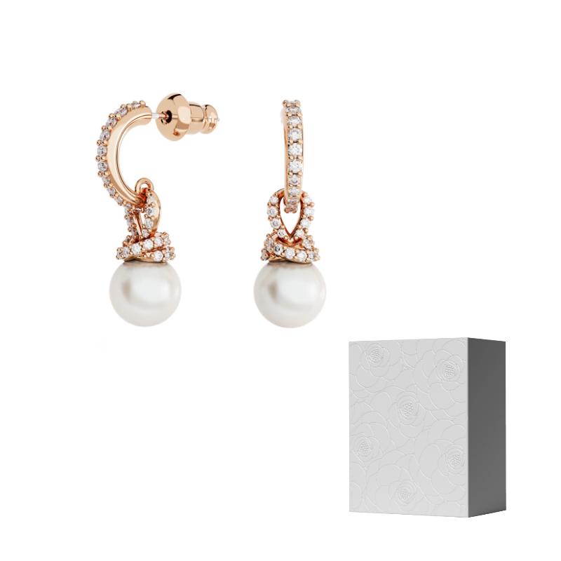 Swarovski Rose Plated Earrings Womens Rose Gold F-Camellia Embossed Gift Box