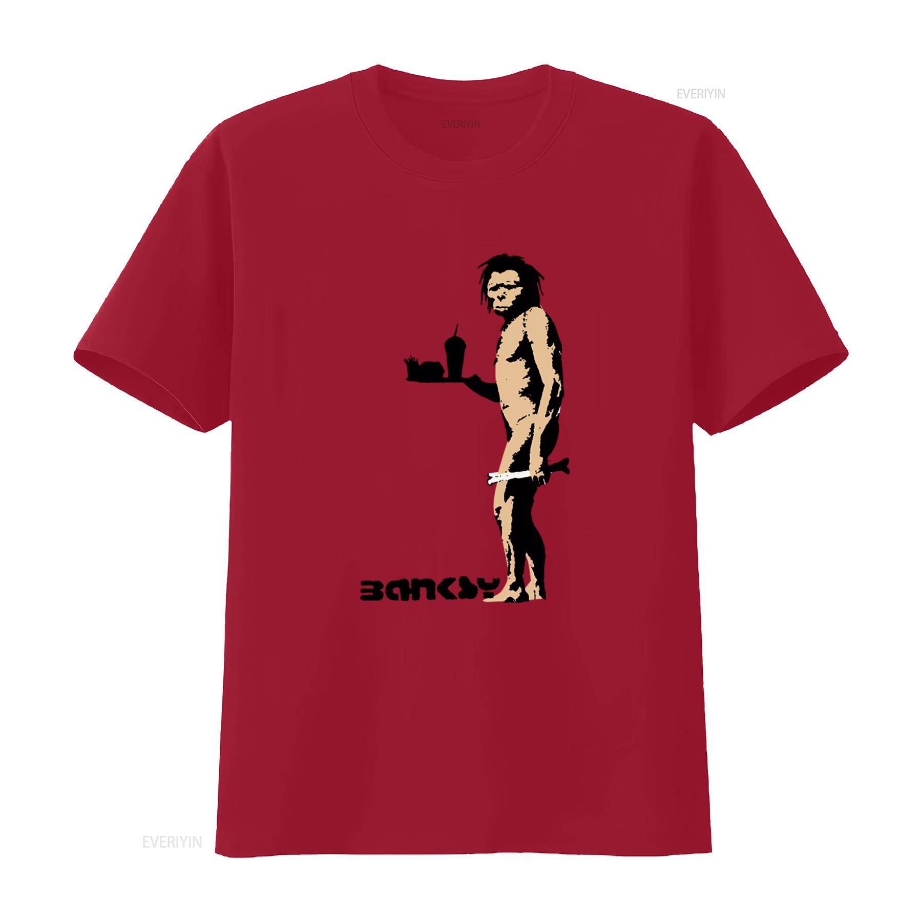 Banksy Fast Food Caveman Mens T shirt Unique Street Art Design for Trendy Fashion vintage Washed Stylish Casual streetwear S