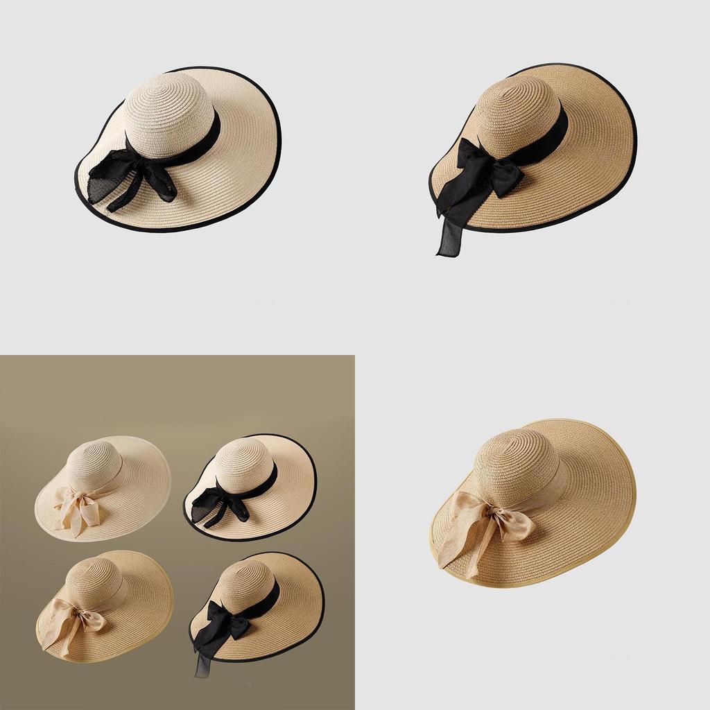 Women's Wide Brim Straw Hat With Bow Beach Sun Hat Uv Protection Korean Style