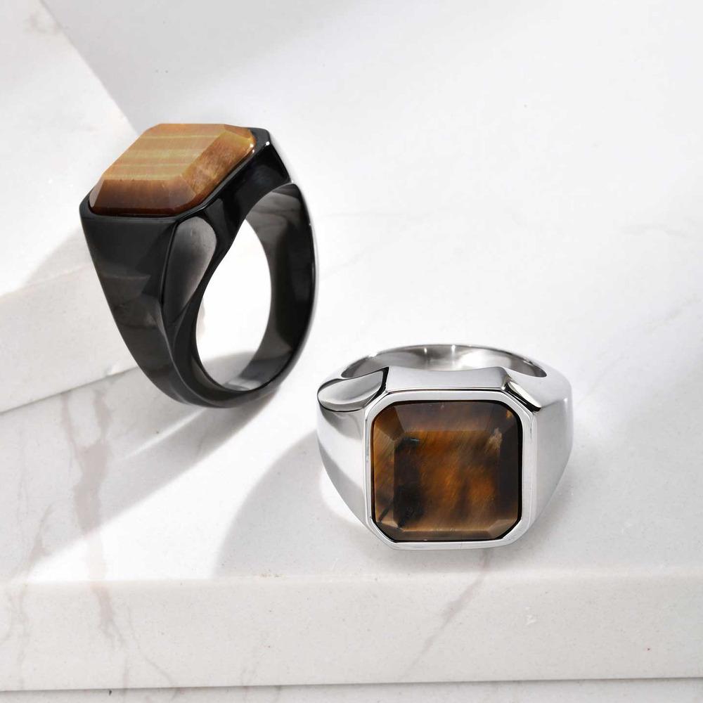 Brauner Tigerauge Steinring für Männer Jungen, Geometrischer Quadratischer Stein Siegelring aus Edelstahl, Lässiger Schmuck Geschenk
