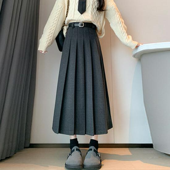 Women's Autumn/Winter High Waist Slimming Pleated Skirt with Belt - Elegant Mid-Length Swing Skirt