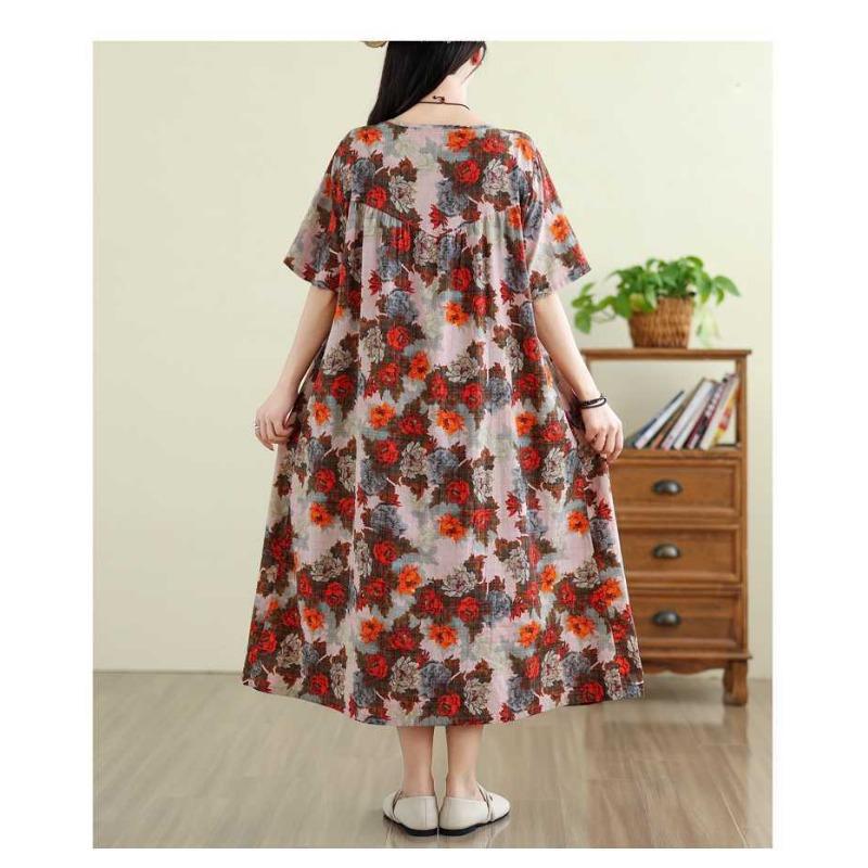 Retro Cotton and Linen Round Neck Short Sleeved Dress, Women's Loose Skirt