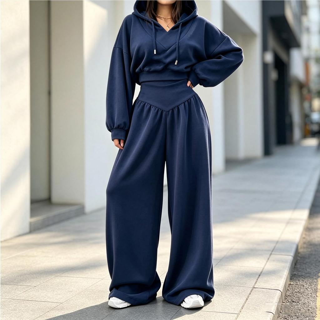 Women's Casual V-Neck Hooded Long Sleeve Sweatshirt and Pants 2 Piece Set