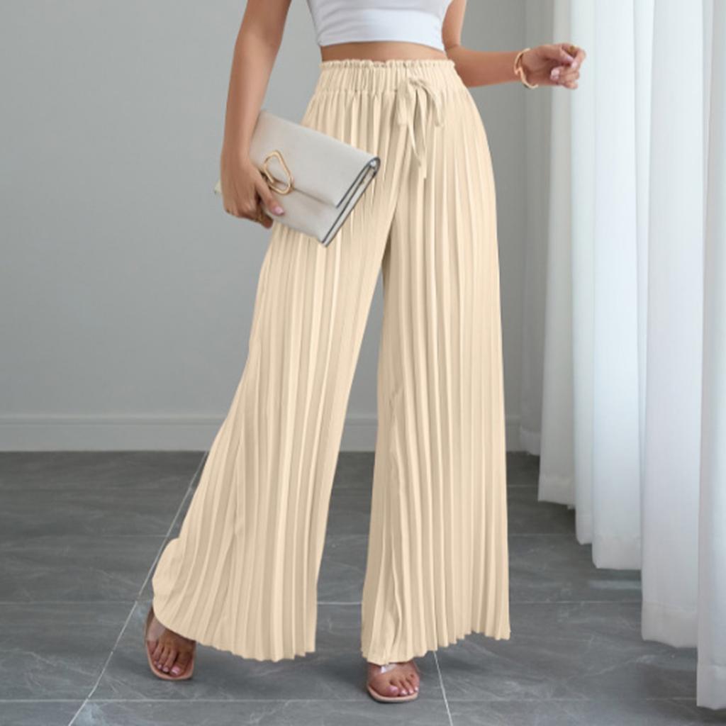 Women's Solid Color Pleated Elastic Waist Tie Loose Wide-leg Pants