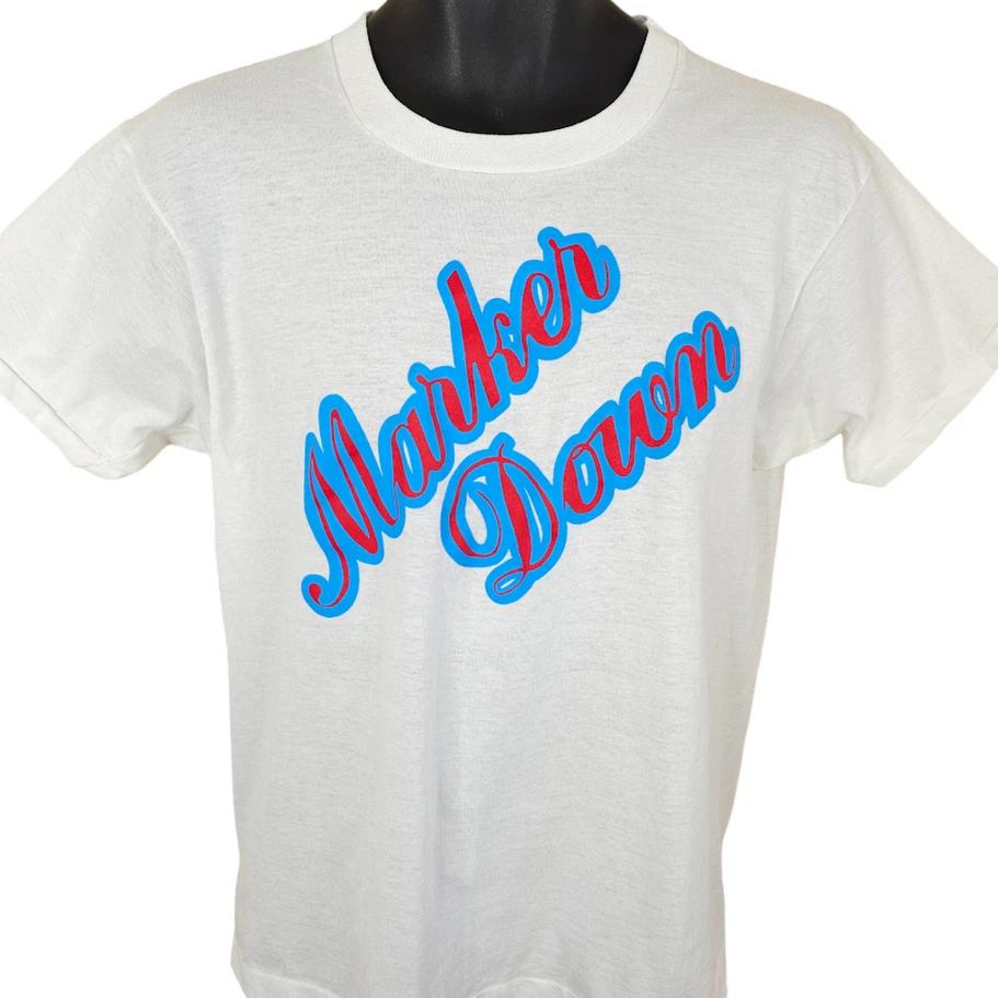 

Vintage Marker Down 100% Cotton T-shirt Mens Tees Top Mens Size Medium White 80s Vegas Bar Made In USA S