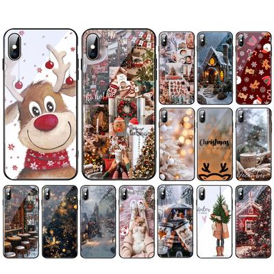 Cute Christmas Deer Tree Glass Phone Case For Samsung S25 S24 S23 S22 Ultra S24 Plus A55 A16 A54 A15 A56 A36 S25 FE